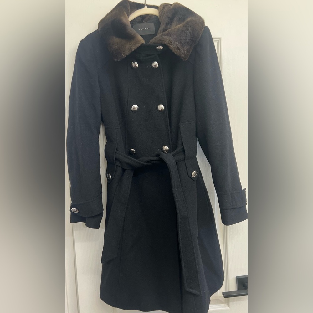 Tahari Wool Blend Coat with Fur Trim
